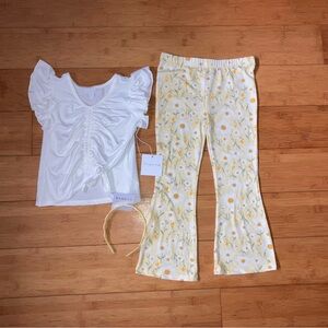 NWT Girls Size 5 Outfit - Ruffle Sleeve Top & Pastel Yellow Flower Flare Pants
